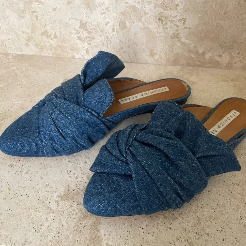 VERONICA BEARD Flat Denim BOW Mules Size 37